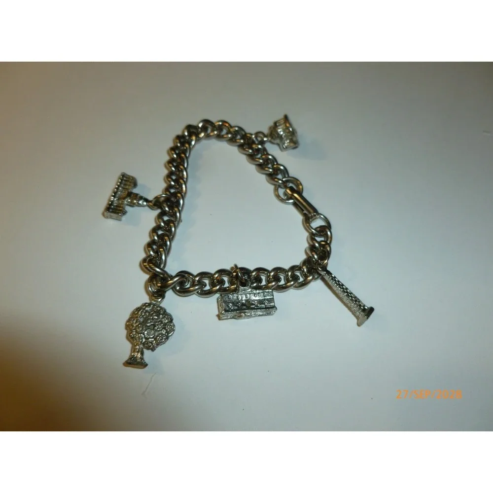 Vintage Silver Tone Curb Link Charm Bracelet 5 Charms Tree Building Monument 7in